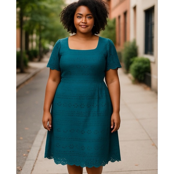 Lane Bryant Laser Cut Midi Length Fit and Flare Dress Teal Green Plus Size 26 - Picture 1 of 12